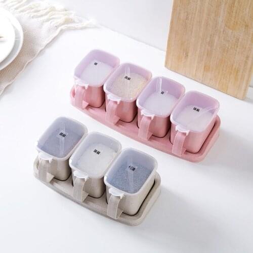 1 Set Plastic Spice Jar Salt Herb Seasoning Box Kitchen Storage Pot Rack Set With Scoop Kitchen Organizer Box