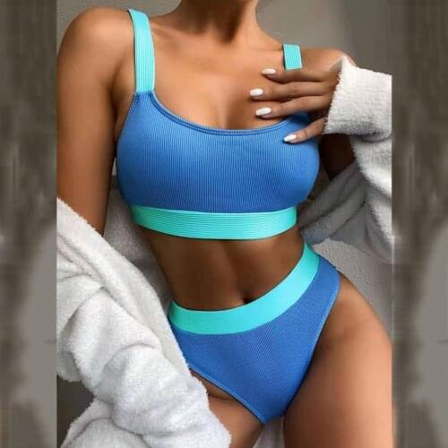 2021 Summer Fashion Women Bathing Suit Padded Bra High Waist Briefs Color Block Ribbed Swimwear Bikini Set Swimming Costume