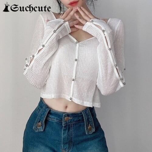 SUCHCUTE Buttons White Women T-shirts Sexy Hollow Out V Neck Slim Cropped Tops Streetwear Casual Girls Long Sleeve Top Shirts
