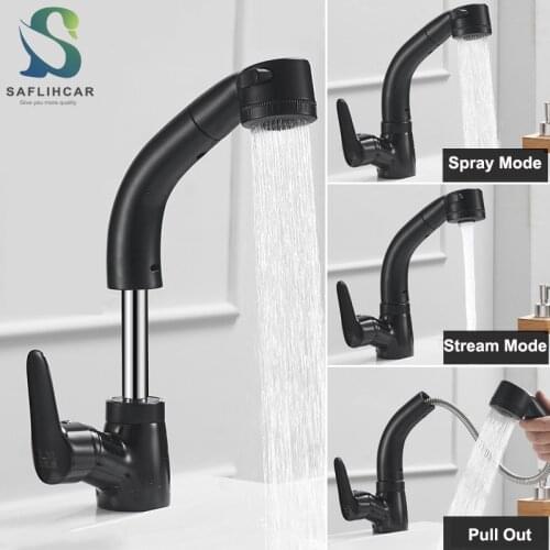 Free Shipping Black Bathroom Basin Faucet Pull Out Spout Single Handle Hot Cold Mixer Taps Lift Up and Down Kitchen Faucet