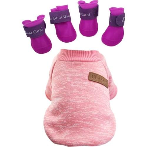 Purple S, Pet Shoes Booties Rubber Dog Waterproof Rain Boots & Warm Dog Clothes Puppy Cat Jacket Sweater Clothes S Pink