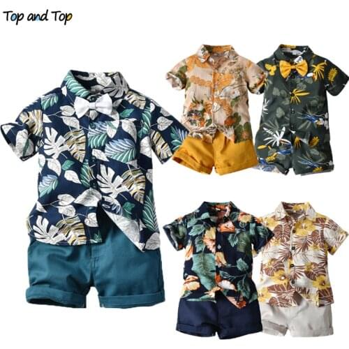 Top and Top Hawai Boy Clothing Set Summer Fashion Floral Short Sleeve Bowtie Shirt+Shorts Boy Casual Clothes Gentleman 2Pcs Suit