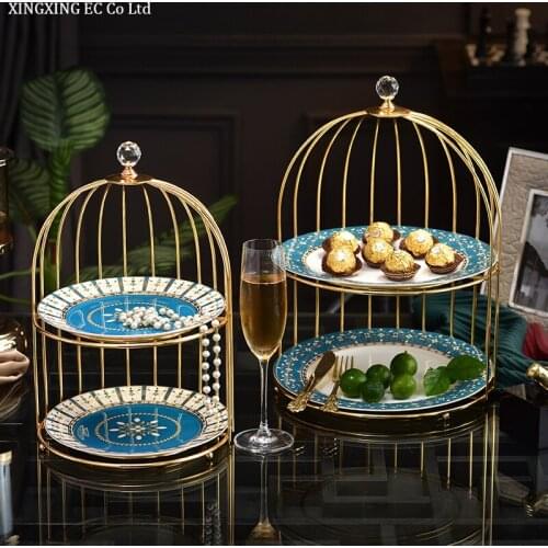 Creative Ceramic Double-layer Tray Dessert Plate Modern Living Room Fruit Snack Dish Household Tableware Bird Cage Cake Stand