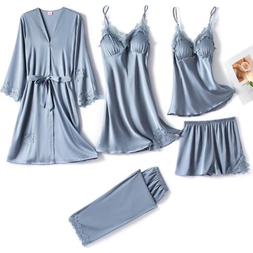 Summer Lady Pajamas Sets Lace Satin Sleepwear PJS Sleep Suit Sexy V-Neck Chest Pads Pijamas Home Nightwear Intimate Lingerie