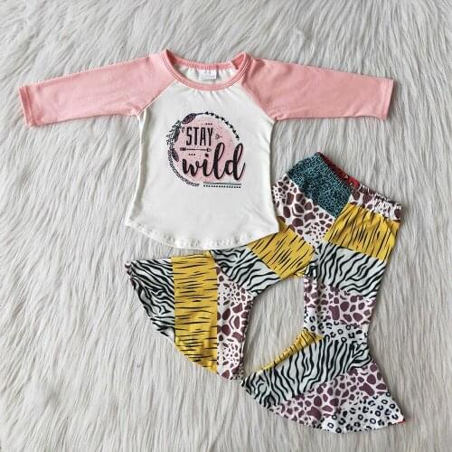 Hot Sell High Quality Winter Girl Long Sleeve Outfit Kids Shirt And Bell Pants Set Toddler Fashion Clothes with Leopard