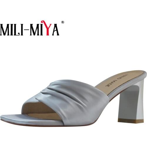 MILI-MIYA New Design Square Toe Square High Heel Slippers Women Sandals Fashion Slip On Slides Summer Pleated Outside Wild Shoes