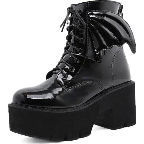 Fashion Angel Wing Punk Gothic Boots High Heel Patent Leather Womens Platform Ankle Boots Sexy Model Shoes Wedge Woman Boots