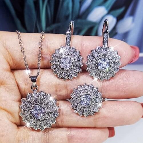 New Shiny Zircon Jewelry Set Flower Shape Ring Earring Necklace Temperament Jewelry Wedding Bridal Silver 925 Jewelry Set