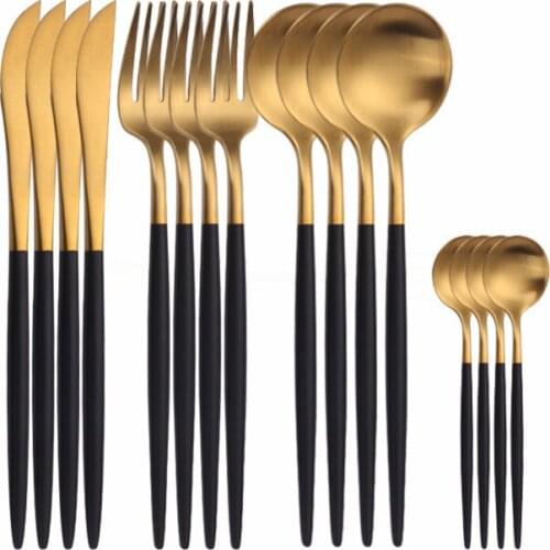 Stainless Steel Cutlery Set 16pieces Matte Black Cutlery Fork Knife Set Tableware Spoons and Forks Black and Gold Dinner Set