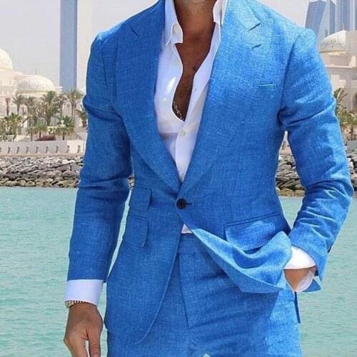 Brand New Groomsmen Blue Linen Groom Tuxedos Peak Lapel Men Suits 2 Pieces Wedding Bridegroom ( Jacket+Pants+Tie ) D229