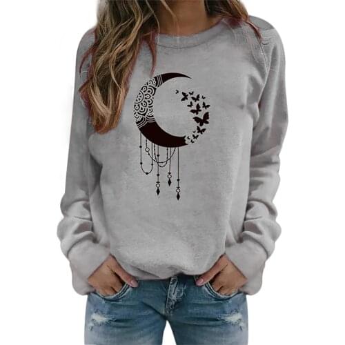 Autumn Winter Butterfly Moon Printed Hoodies Women Casual Tops Warm Ladies Hoody Harajuku Sweatshirt Tee Dropshipping