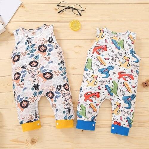 Newborn Baby Girls Boys Casual Jumpsuit Summer Sleeveless Lion/Dinosaur Print Round Neck Romper Childrens Pants Baby Clothes