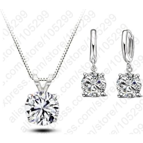 Christmas Gift!!! Fashion Cubic Zirconia Set Women Round Pendant Necklace+Earrings Women 925 Sterling Silver Jewelry Sets