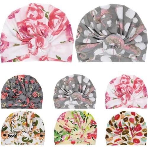 Newborn Baby Girl Boys Hats Flowers Print Soft Cute Indian Turban Knot Rabbit Hospital Cap Beanie Hat