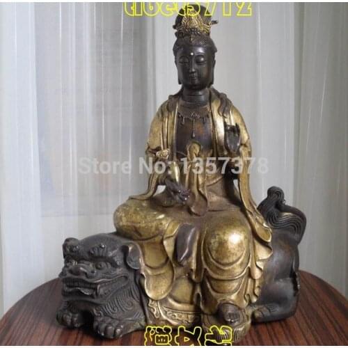 Shitou 00662 Tibetan Buddhist bronze MANJUSHRI buddha statue ride on lion 28 cm