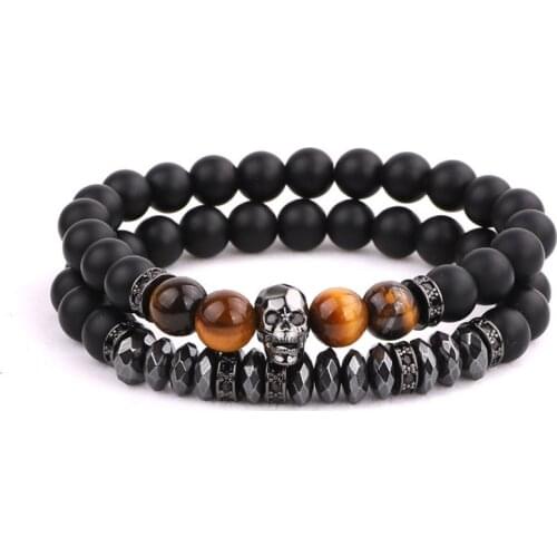 Jewelry factory selling fashion design matte onyx tiger eye CZ skull charm beaded bracelet men jewelry