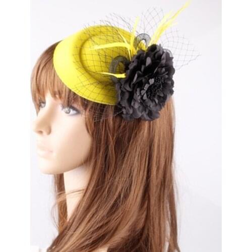 Yellow Pillbox Fascinators Base With Vintage Black Silk Flower Adorned For Party Headwear Cocktail Hats Wedding Hair Accessories