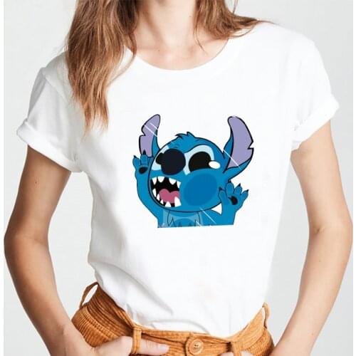 Womens Cartoon Graphic Fashion T-Shirt Lilo Stitch Kawaii Disney Tshirts Cartoon Female Printed Casual T Shirt Casual Tops Tee