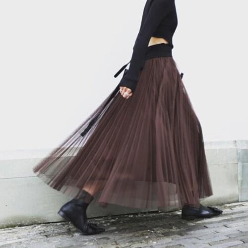 2021 Spring Summer New Solid Color Womens Mesh Skirt Casual Stretch High Waist Two-layer Long Pleated Skirt Women