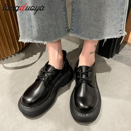 Black Lace Up Leather Shoes Women Platform Oxford Shoes Harajuku Casual Round Toe Spring Autumn Shoes Heighten Waterproof Shoes