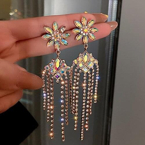 2021 New Exaggerate Colorful AB Crystal Tassel Dangle Earrings For Women Fashion Jewelry Crystal Brincos Earings