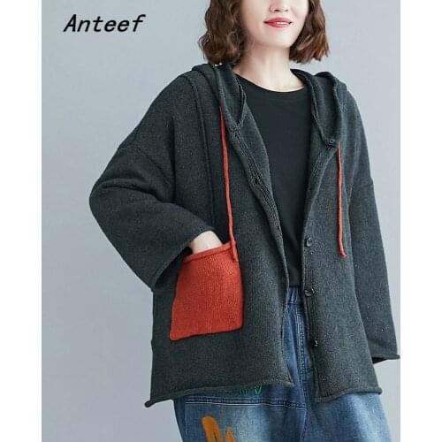 Cotton wool knitted vintage hooded causal loose autumn woman cardigan sweater for women sweaters clothes 2021 sweter