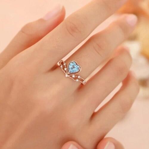 KOFSAC 2021 Heart Ring for Women Female Cute Romantic Finger Rings Crystal Blue Girl Wedding Engagement Birthday Jewelry Gifts