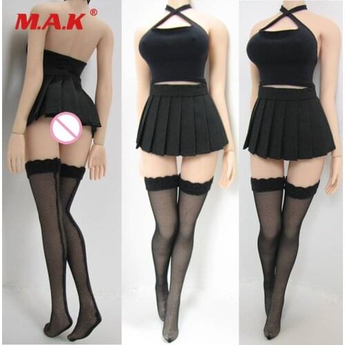 1/6 scale female girl black halter tops&dress&stocking clothes set PL98 for woman seamless body large bust PHICEN doll toys acc