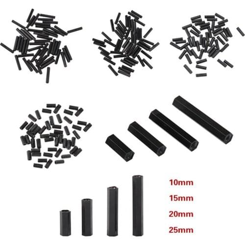 10/15/20/25mm 50Pcs M2 Black Hex Nylon Standoff Spacer Column Flat Head Double Pass Nylon Plastic Spacing Screws Kit