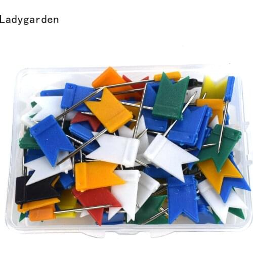 100PCS Flag Shape Push Pins Marker Plastic Stainless Steel Needle Marking Pin Notice Board Cork Thumbtack Map Flag Push Pins