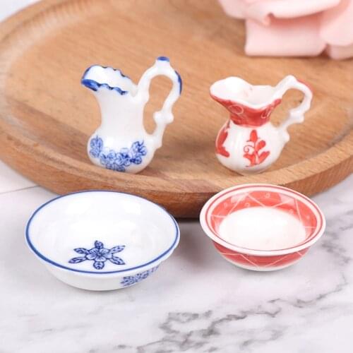 2Pcs/set 1:12 Dollhouse Miniature Porcelain Dining Ware Pot kettle Fruit Bowl