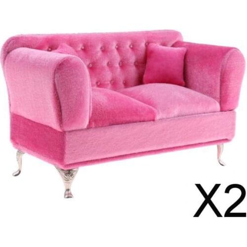 2x1/6 Mini Long Sofa Pink Mini Suede Sofa Dollhouse for Accessories