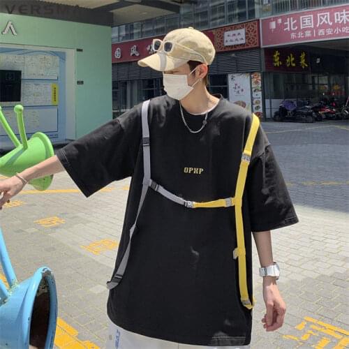 VERSMA Korean Harajuku BF Printed Ribbon Fake Two Piece T Shirt Men Women Ins Hip Hop Loose Oversize Tee Shirts Men Dropshipping