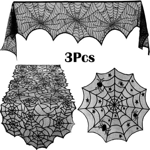 3Pcs/set Halloween Lace Spider Web Tablecloth Black Fireplace Mantel Scarf Event Party Decoration Supplies
