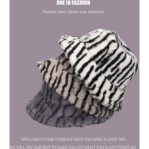 New Winter Women Bucket Hat Fashion Cute Zebra-stripe Bonnet Warm Plush Fisherman Cap Fluffy Comfortable Casual Hat Lady Gorros
