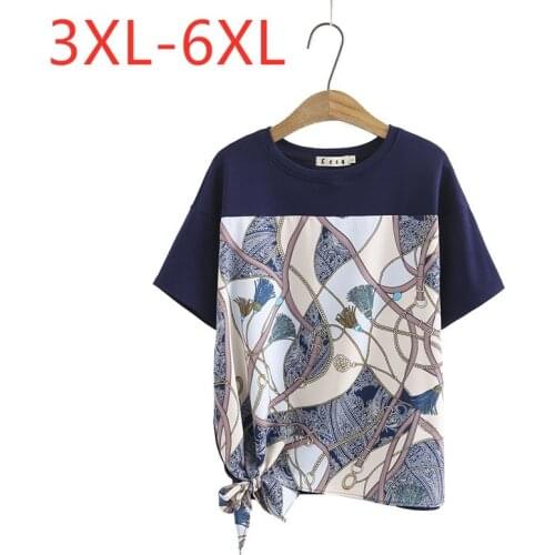 New 2021 Ladies Summer Plus Size Tops For Women Large Short Sleeve Loose Cotton Blue Ruffle Print O-neck T-shirt 3XL 4XL 5XL 6XL