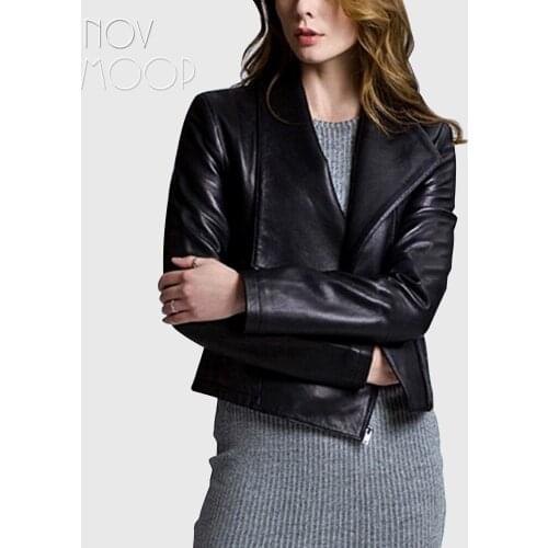 Novmoop genuine leather nappa sheepskin women jacket asymmetry hem elegant office lady style Veste en cuir pour femme LT3419