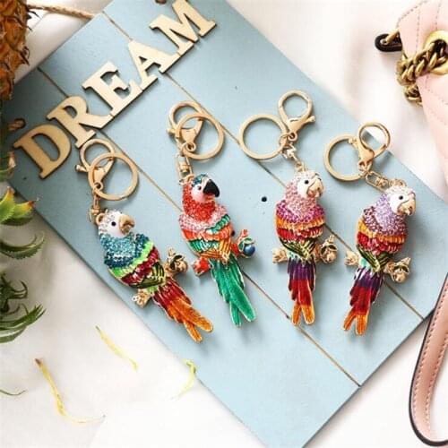 Dripping Oil Parrot Bird Pendant Charm Rhinestone Crystal Purse Bag Keyring Car Animal Keychain Accessories Wedding Party Gift