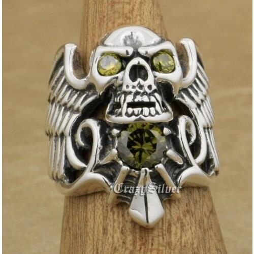 Devil Wing Skull CZ Eyes 925 Sterling Silver Mens Biker Rocker Punk Ring 9M113 US Size 7~13