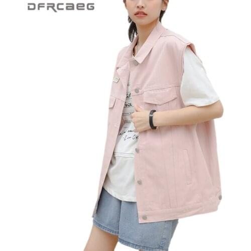 Pink Oversized Sleeveless Denim Women Jackets Summer 2021 Streetwear Jeans Vest Tops Loose Waistcoat Woman Outerwear