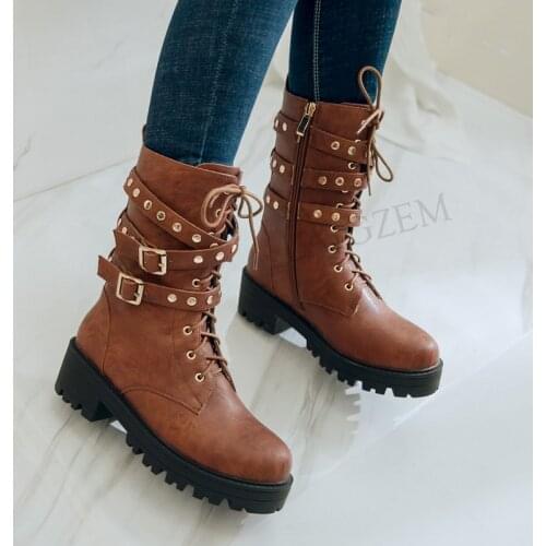 LAIGZEM Women Ankle Boots Mid Chunky Heels Combat Cowgirl Boots Punk Studs Boots Shoes Woman Botines Mujer Small Big Size 32-48