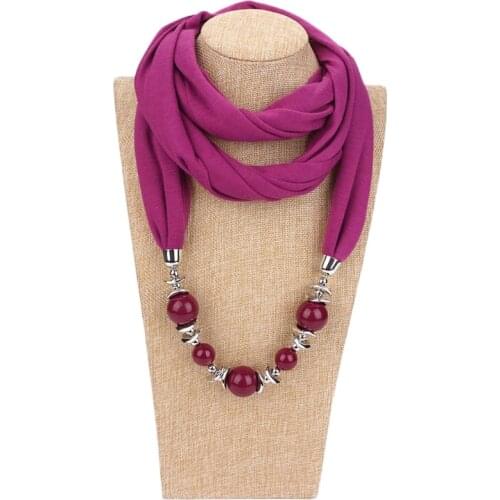 Womens Fashion Neckerchief Ring Scarf Necklaces Beads Solid Color Jewelry Shawl N58F