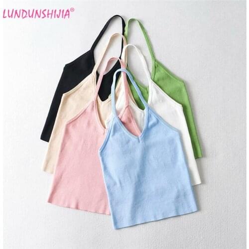 LUNDUNSHIJIA 2021 Summer Women Camis Fashion Sexy V-neck Backless Top Fashion Candy Colors Knitting Cropped Tops 6 Colors
