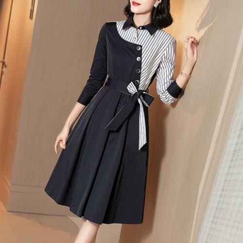 2021 Office Ladies OL Work Striped Shirt Dress Elegant Spring Long Sleeve Button Tunic Dresses Woman Irregular Midi Belt Vestido
