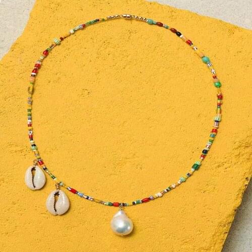 Bohemian style fashion Baroque pearl necklace ladies fashion jewelry colorful rice beads with shell pendant women necklace 2019