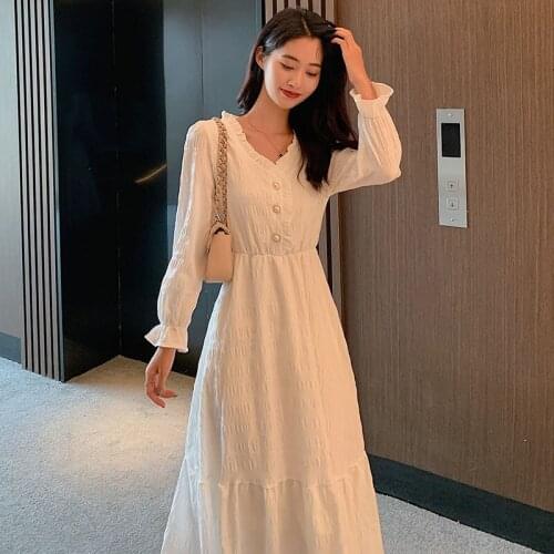 2021 New Spring Autumn Womens French Elegant Dress White Long Sleeved V Collar Slimming Sweet Cute Mid-calf Dresses Y569