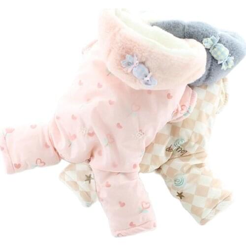 Winter Warm Cloth Embroidery Four-legged Dog Clothes Cute Print Princess Pink Hood Puppy Jumpsuit