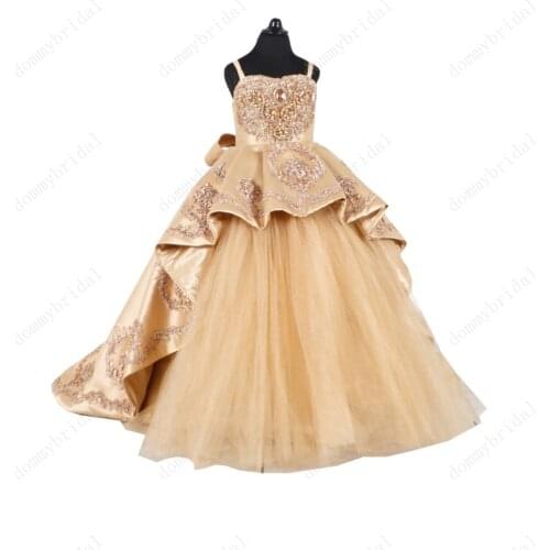 2021 Modern Pearls Beaded Champagne Kids Puffy Princess Cheap Flower Girl Special Occasion Dresses for Wedding Party Long Corset