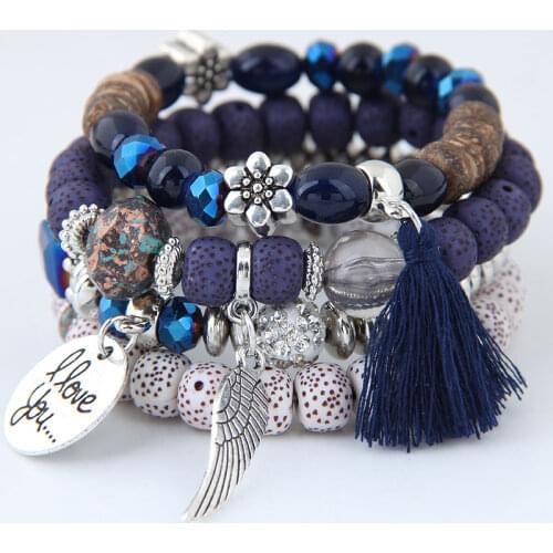 4Pcs/Set Bohemian Beads Charm Bracelets Bangles For Women Angel Wings Tassel Multilayer Strand Bracelets Sets Jewelry Gifts