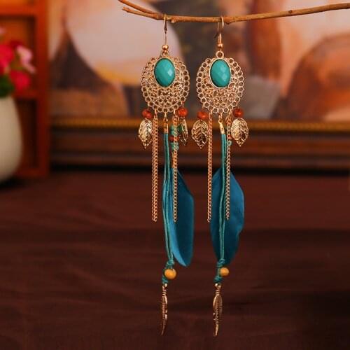 Boho Summer Blue Feather Vintage Earrings Ethnic Hollow Leaf Shape Gold Chain Ladies Earrings Stone Tibetan Jewelry